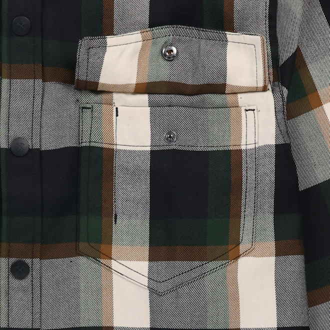 Tilley Tuff Work Shirt for Men with Chest Pockets in Green and Greige Plaid Twill - Medium