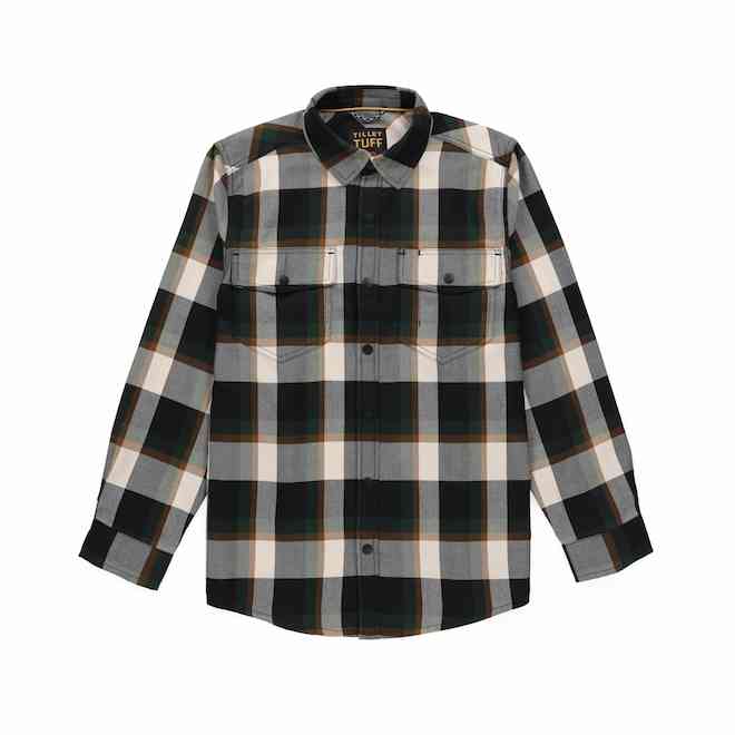 Tilley Tuff Work Shirt for Men with Chest Pockets in Green and Greige Plaid Twill - Large