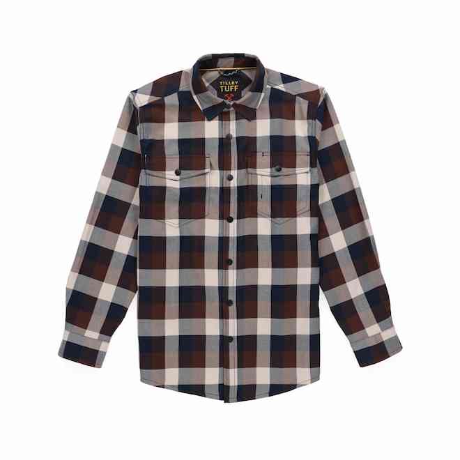 Tilley Tuff Work Shirt for Men with Chest Pockets in Navy and Greige Plaid Twill - Large