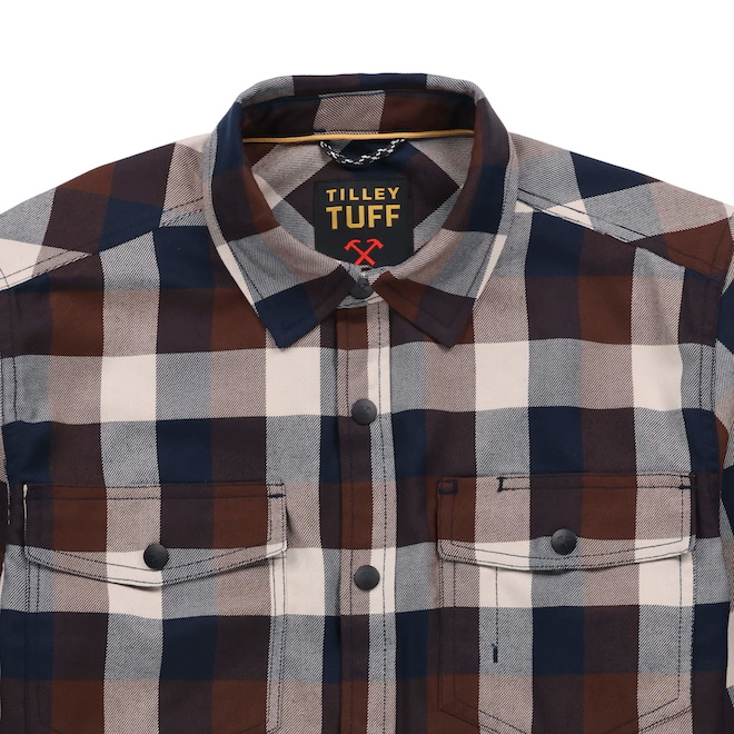 Tilley Tuff Work Shirt for Men with Chest Pockets in Navy and Greige Plaid Twill - 2X-Large