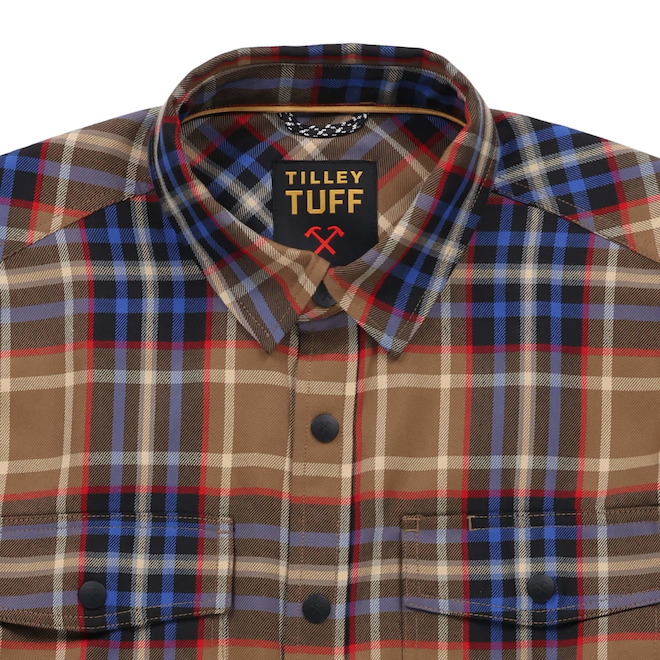 Tilley Tuff Work Shirt for Men with Chest Pockets in Tan Plaid Twill - 3X-Large