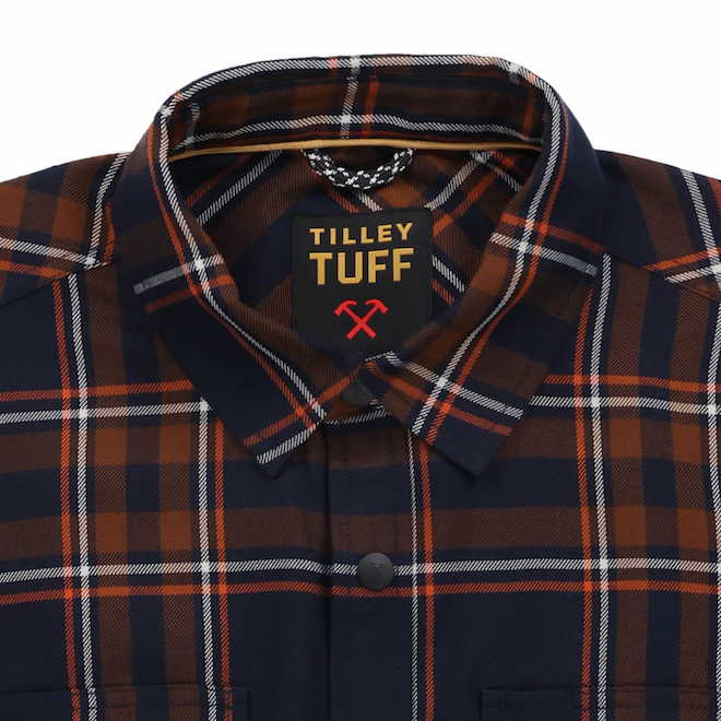 Tilley Tuff Work Shirt for Men with Chest Pockets in Orange and Navy Plaid Twill - Large