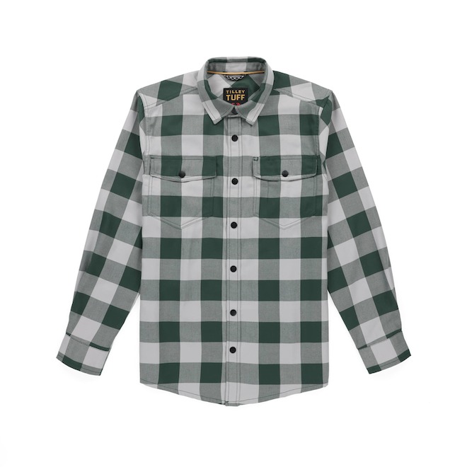 Tilley Tuff Work Shirt for Men with Chest Pockets in Green and Greige Plaid Twill - Medium