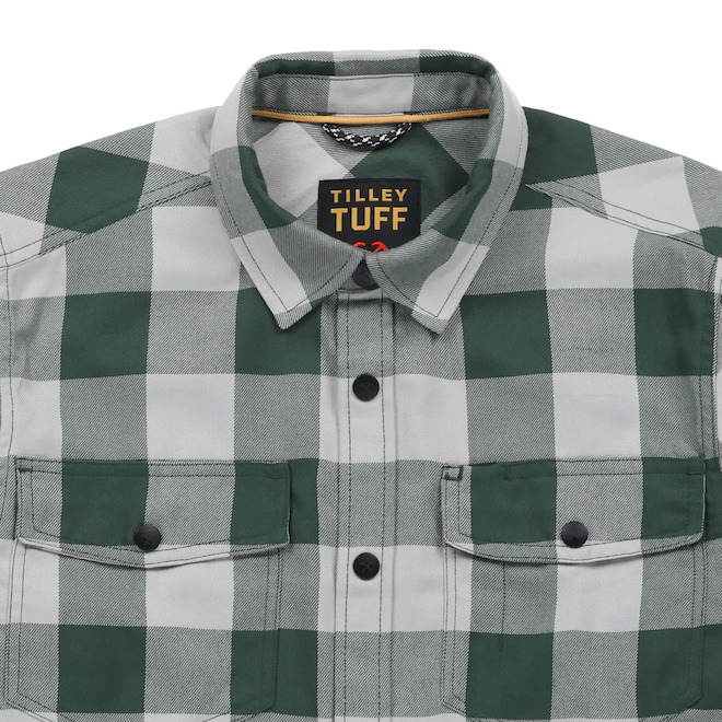 Tilley Tuff Work Shirt for Men with Chest Pockets in Green and Greige Plaid Twill - Medium