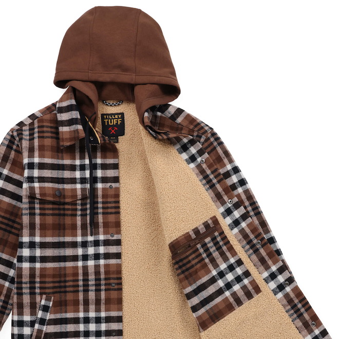 Tilley Tuff Hooded Shacket for Men in Light Tan Cotton Lined Flannel - Small