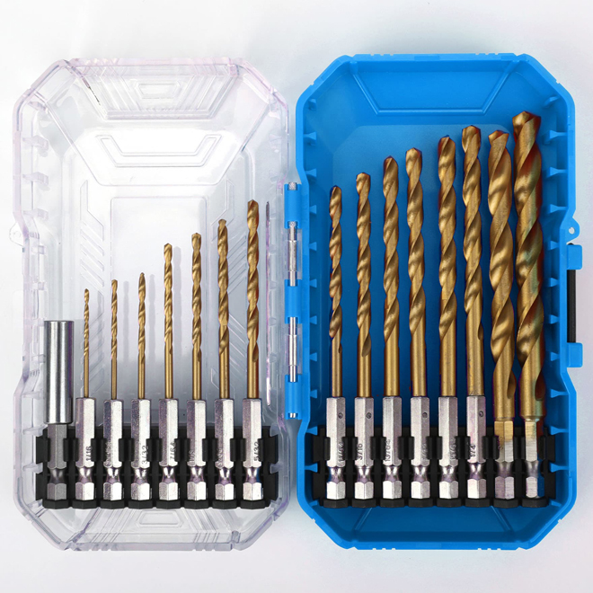 VALU+ Drill Bit Set with Titanium Plating and Hex Shank - 16-Piece