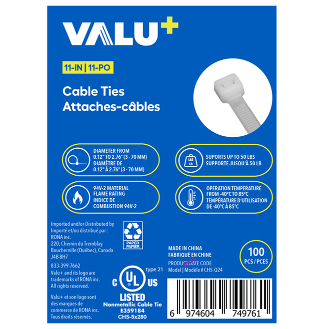 VALU+ Cable Ties in White Nylon 11-in - Pack of 100