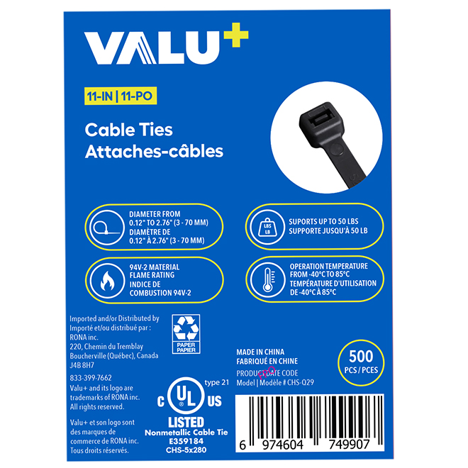 VALU+ Cable Ties in Black Nylon 11-in - Pack of 500