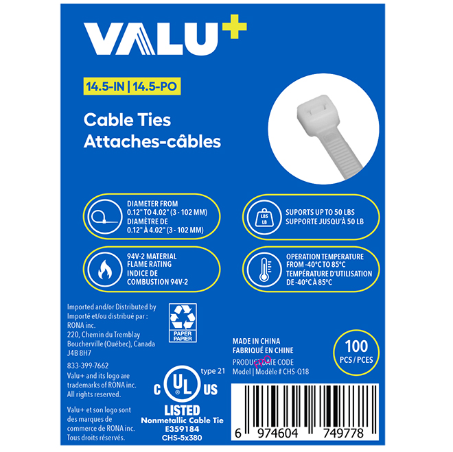 VALU+ Cable Ties in White Nylon 14.5-in - Pack of 100
