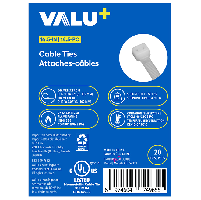 VALU+ Cable Ties in White Nylon 14.5-in - Pack of 20