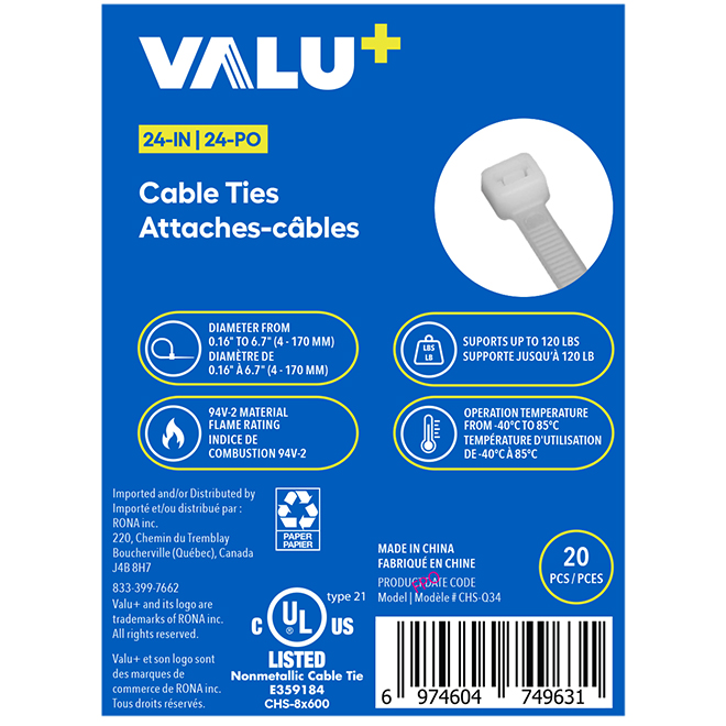 VALU+ Cable Ties in White Nylon 24-in Releasable - Pack of 20