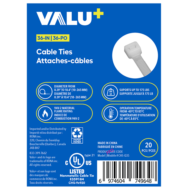 VALU+ Cable Ties in White Nylon 36-in Releasable - Pack of 20