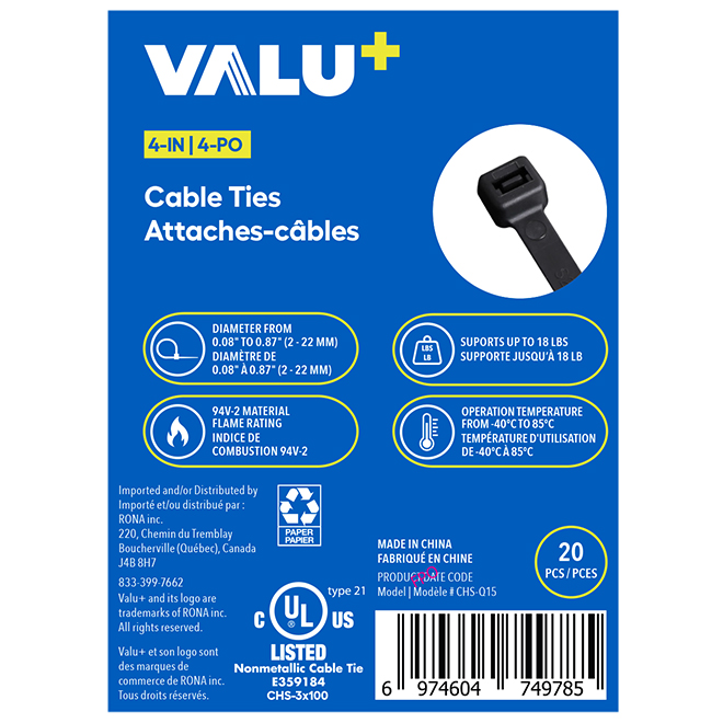 VALU+ Cable Ties in Black Nylon 4-in - Pack of 20