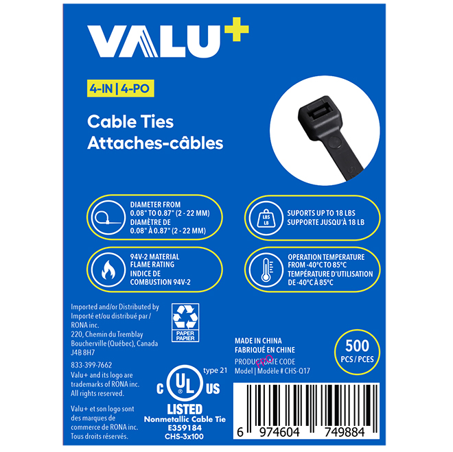 VALU+ Cable Ties in Black Nylon 4-in - Pack of 500
