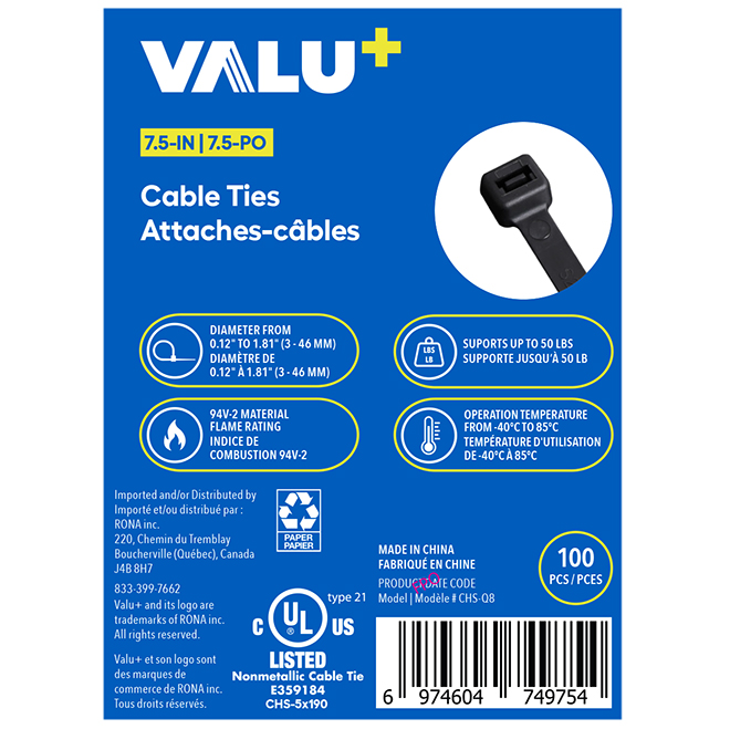VALU+ Cable Ties in Black Nylon 7.5-in - Pack of 100