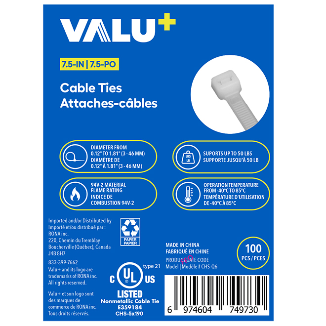 VALU+ Cable Ties in White Nylon 7.5-in - Pack of 100