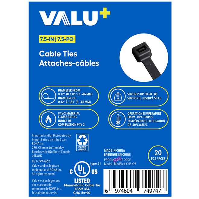 VALU+ Cable Ties in Black Nylon 7.5-in - Pack of 20