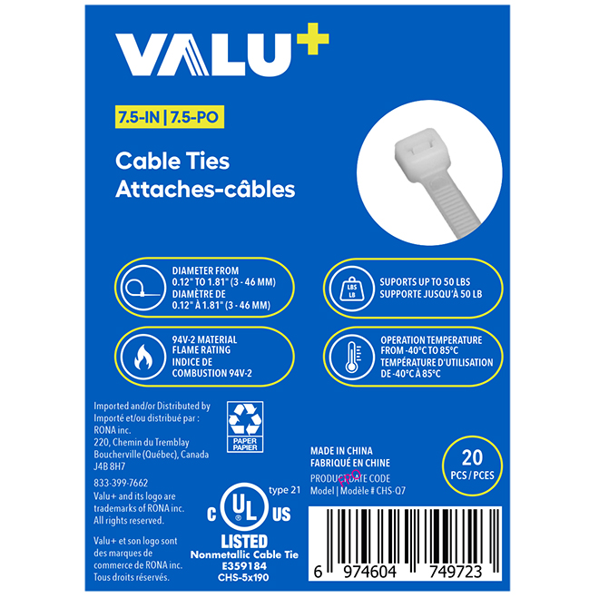 VALU+ Cable Ties in White Nylon 7.5-in - Pack of 20