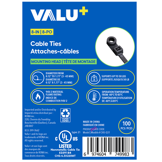 VALU+ Cable Ties in Black Nylon 8-in with Mounting Head - Pack of 100
