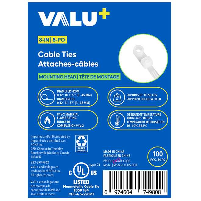 VALU+ Cable Ties in White Nylon 8-in with Mounting Head - Pack of 100