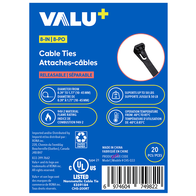 VALU+ Cable Ties in Black Nylon 8-in with Mounting Head - Pack of 20