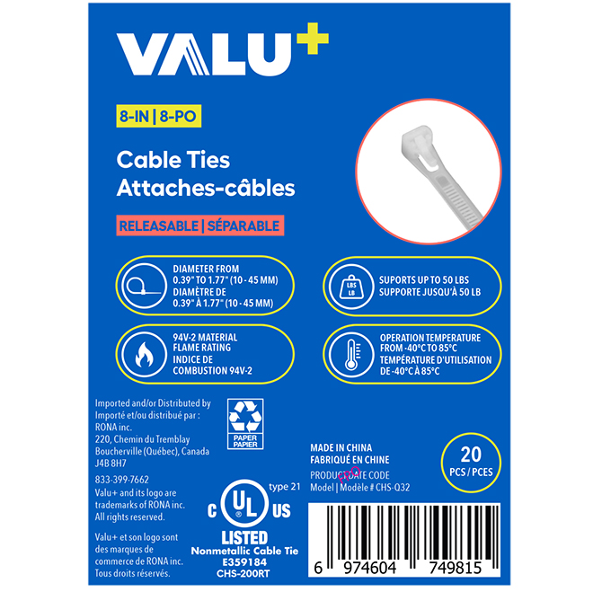 VALU+ 8-in White Nylon Cable Ties - 20/Pkg