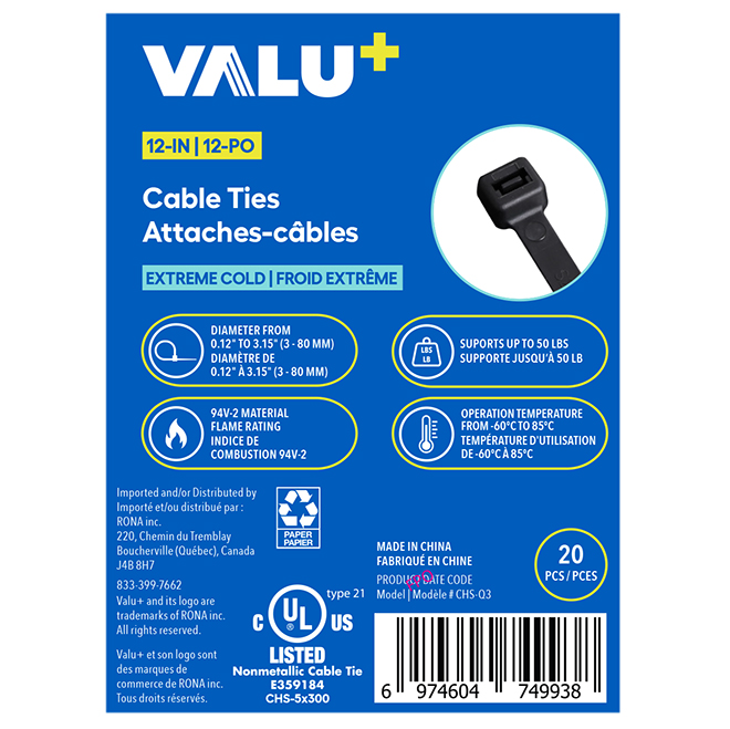 VALU+ Cable Ties in Black Nylon 12-in Cold-Resistant - Pack of 20