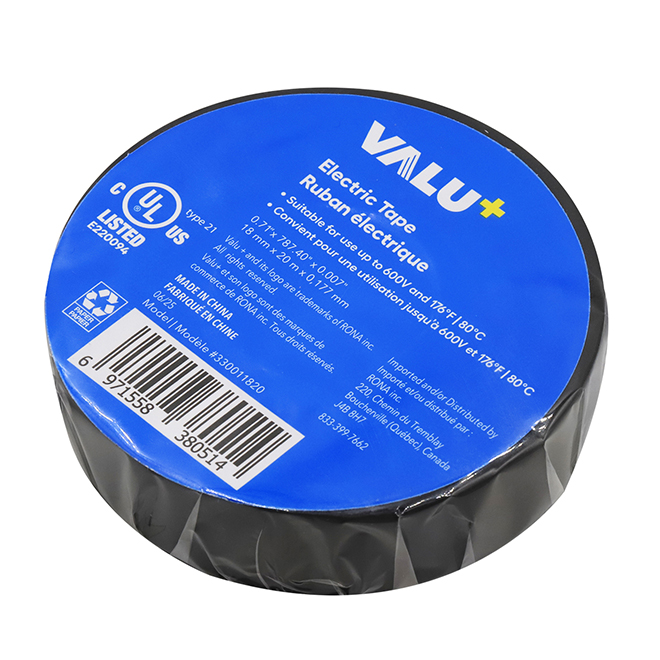 VALU+ Electrical Tape in Black PVC 18 mm x 20 m