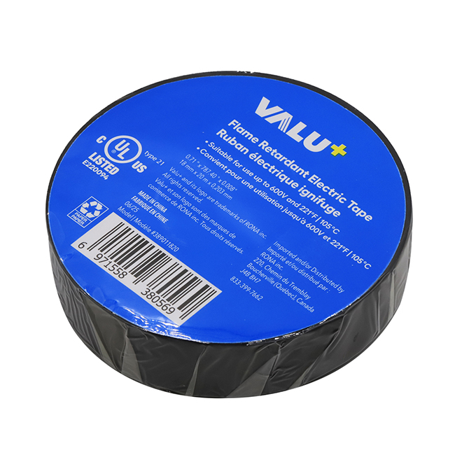 VALU+ Electrical Tape Flame Retardant in Black PVC 18 mm x 20 m