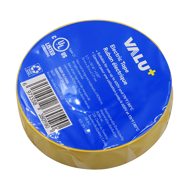 VALU+ Electrical Tape in Yellow PVC 18 mm x 20 m