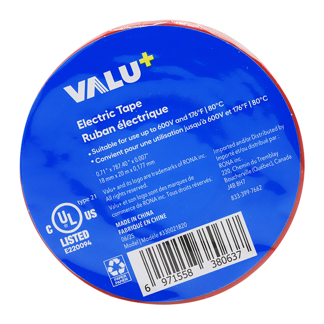 VALU+ Electrical Tape in Red PVC 18 mm x 20 m