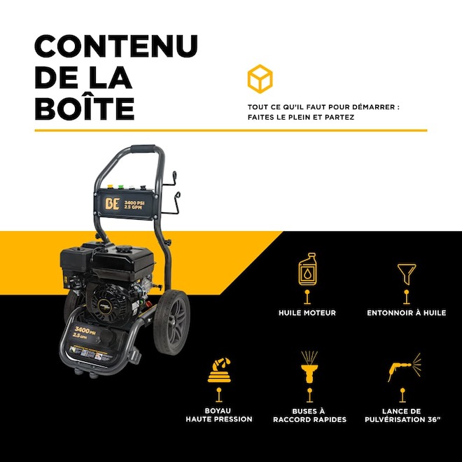 Laveuse à pression à essence BE Power Equipment 3400 lb/po² 223 CC avec boyau 35 pi et 4 buses à connexion rapide