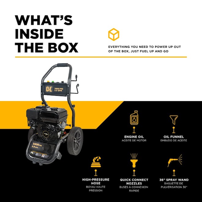 BE Power Equipment Gaz Washer Pressure 3400 PSI 223 cc with 35-ft Hose and 4 Quick Connect Nozzles