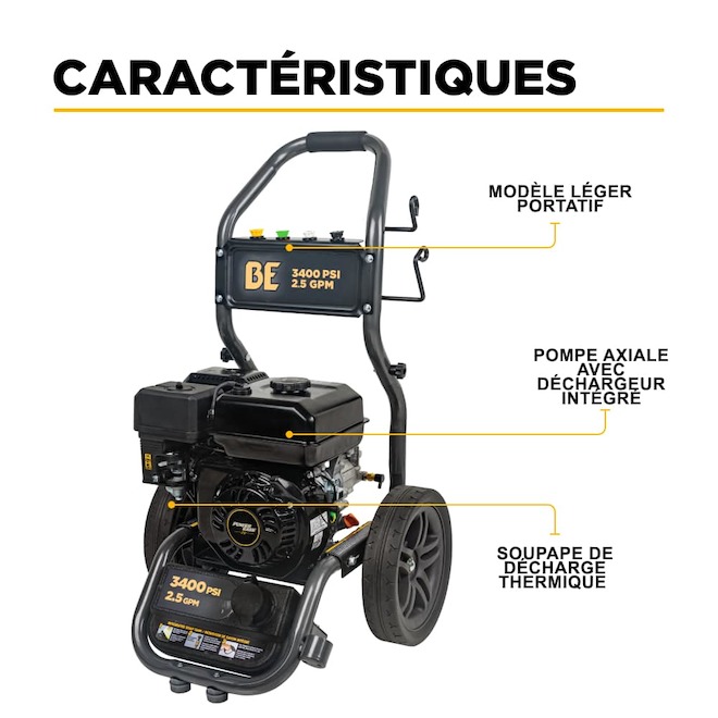Laveuse à pression à essence BE Power Equipment 3400 lb/po² 223 CC avec boyau 35 pi et 4 buses à connexion rapide