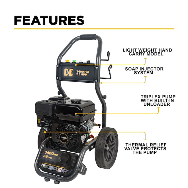 BE Power Equipment Gaz Washer Pressure 3400 PSI 223 cc with 35-ft Hose and 4 Quick Connect Nozzles