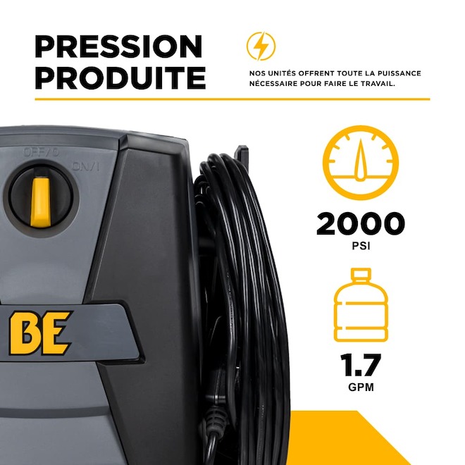 Laveuse à pression électrique 1,3 HP BE Power Equipment 2000 lb/po² 1,7 gal/min, boyau 20 pi et buses à connexion rapide