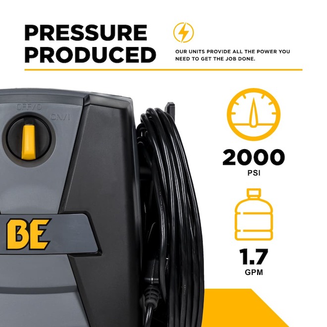 BE Power Equipment 1.3 HP Electric Washer Pressure 2000 PSI 1.7-GPM with 20-ft Hose and Quick Connect Nozzles