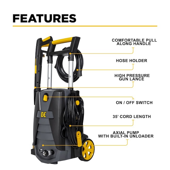 BE Power Equipment 1.3 HP Electric Washer Pressure 2000 PSI 1.7-GPM with 20-ft Hose and Quick Connect Nozzles