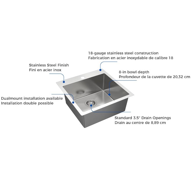 VALU+ Single Kitchen Sink in Stainless Steel 20 x 20 x 8-in