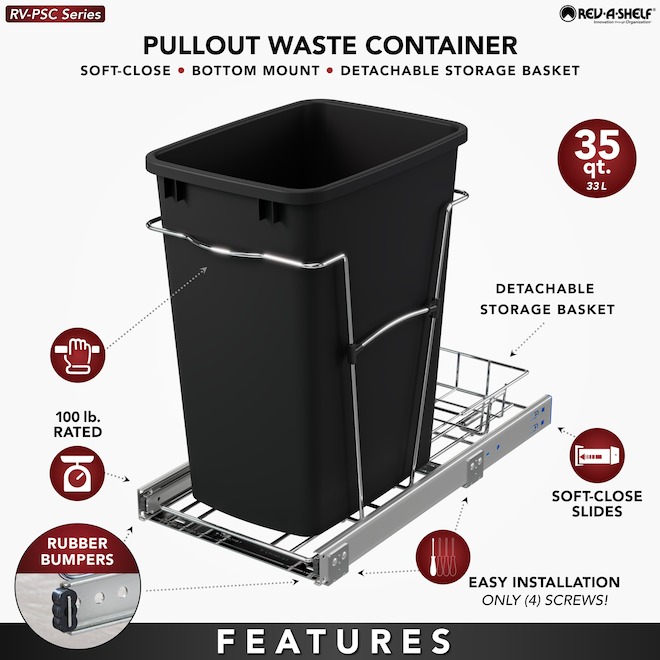 Rev-A-Shelf Black Waste Container with Wire Bottom Sliding Tray - 33-L