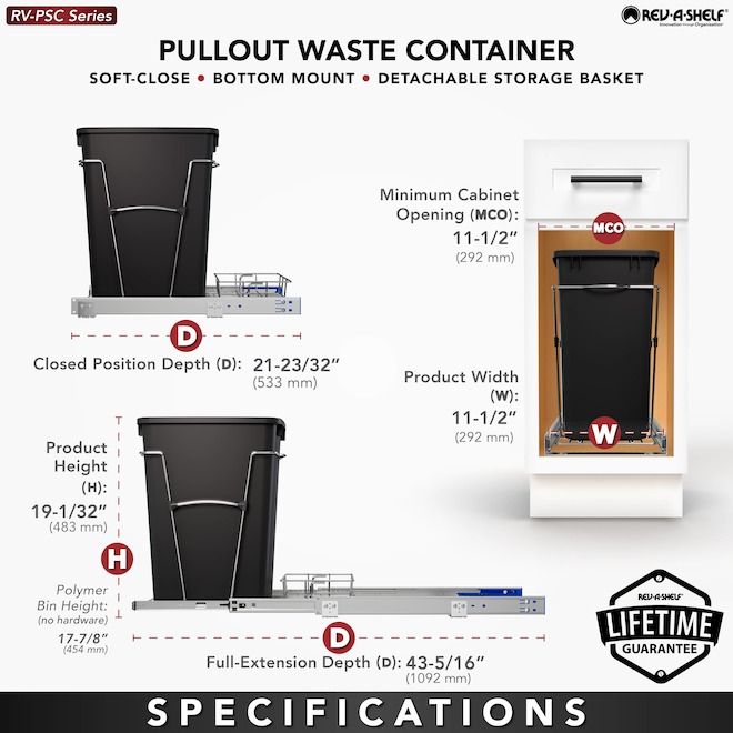 Rev-A-Shelf Black Waste Container with Wire Bottom Sliding Tray - 33-L