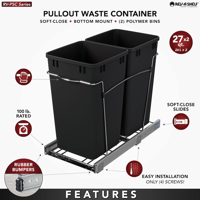 Rev-A-Shelf Black Waste Containers with Wire Bottom Sliding Tray - 25.5-L Each