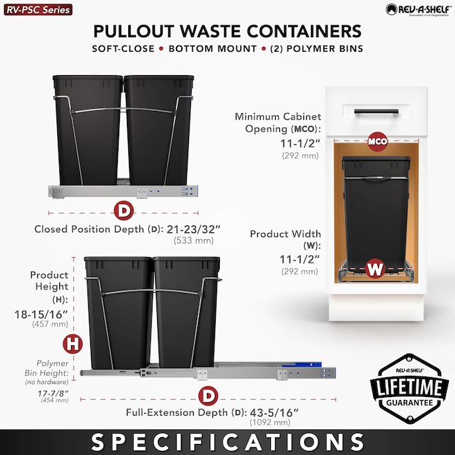 Rev-A-Shelf Black Waste Containers with Wire Bottom Sliding Tray - 25.5-L Each