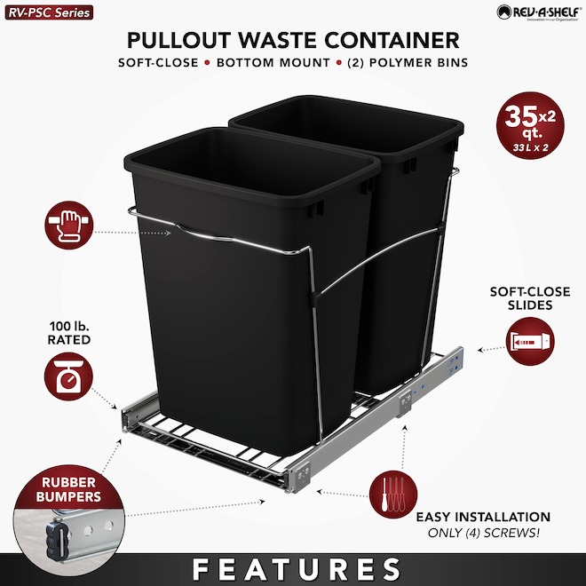 Rev-A-Shelf Set of 2 Black Waste Bins with Wire Bottom Sliding Tray - 33-L Each
