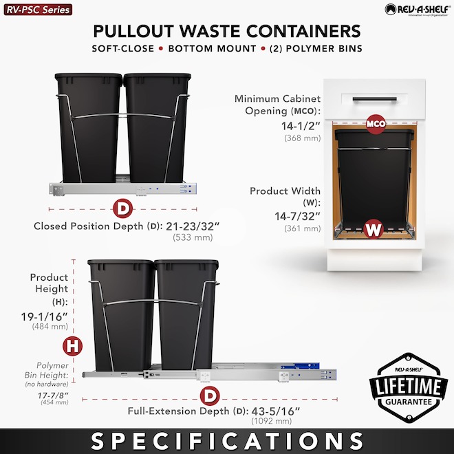 Rev-A-Shelf Set of 2 Black Waste Bins with Wire Bottom Sliding Tray - 33-L Each