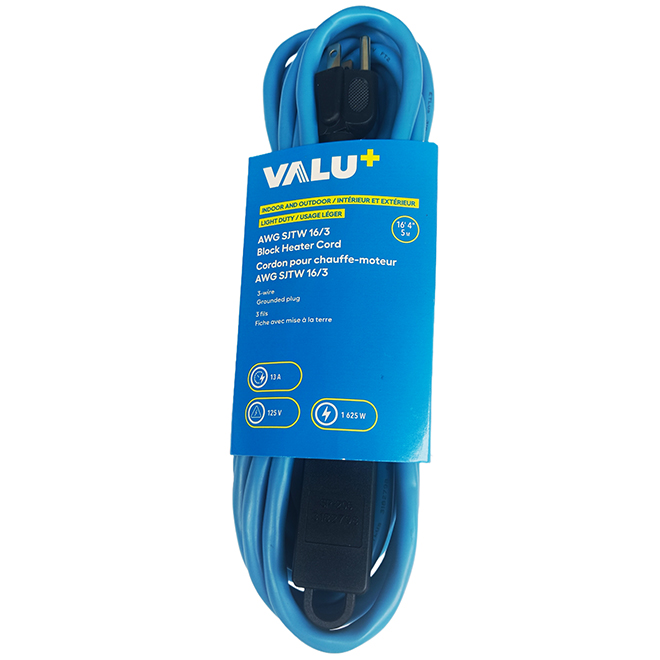 VALU+ Extension Cord 5-m with 3 Outlets for Block Heaters - Blue