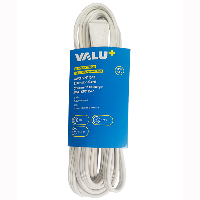 VALU+ Electric Extension Cord 4.5-m with 3 Outlets and Flat Plug - White