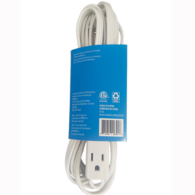 VALU+ Electric Extension Cord 4.5-m with 3 Outlets and Flat Plug - White