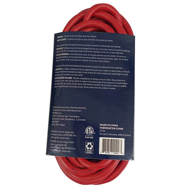RONA Electric Extension Cord 7.5-m for Outdoors with Locking Connector - Red
