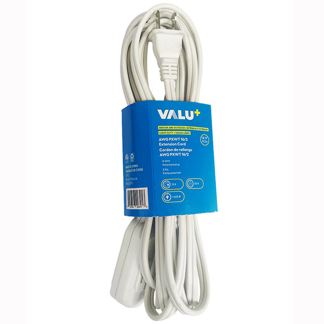 VALU+ Extension Cord 4.5-m with 3 Outlets and Built-In Outlet Safety Cover - White